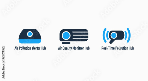 Environmental monitoring icons representing an air pollution starter hub, a dedicated air quality sensor monitor, and a real-time pollution tracking system for smart city infrastructure