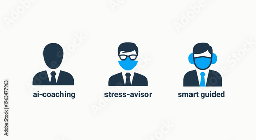 Professional business coaching and wellness icons representing artificial intelligence AI coaching, a stress advisor consultant, and smart care health assistant for workplace productivity