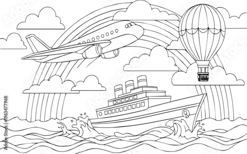 Travel and Transportation Coloring Page for Kids, Plane Ship and Hot Air Balloon Vector Illustration with Rainbow