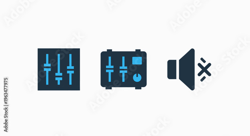 Professional audio production and sound control icons including a graphic equalizer, a music mixing console interface, and a volume mute speaker symbol for media player applications design