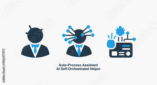 Modern artificial intelligence assistant icons featuring an automated process helper, a neural network brain person, and a self-orchestrated AI computing unit for business operations efficiency