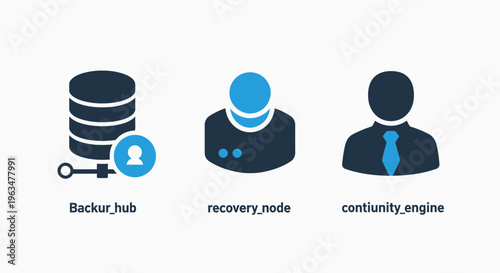 Information technology data security icons including a database backup hub with security key, a disaster recovery node, and a business continuity engine for enterprise server protection