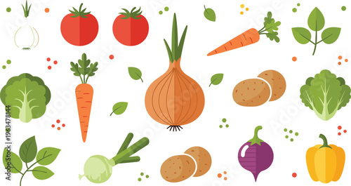 Fresh vegetables collection with tomato carrot onion potato cabbage pepper and leafy greens organic farm produce illustration