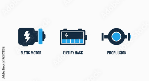Collection of electric vehicle technology icons including an electric motor with bolt symbol, battery pack with charging indicator, and a circular propulsion unit for industrial mechanical use energy