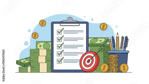 Financial goal setting and task management concept with a clipboard checklist, stacks of cash, and a bullseye target with arrow symbol.