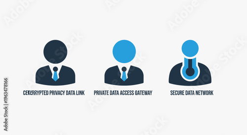Set of cybersecurity and data privacy icons featuring professional user avatars representing encrypted data access, private network security, and protected personal information management systems onli