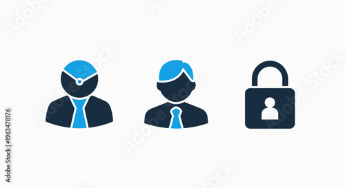 Professional user profile and account security icons displaying a businessman avatar, a secured user identity, and a padlock symbol containing a person for private access control applications and soft