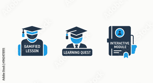 Educational technology and e-learning icons featuring a student in a graduation cap for gamified lessons, a learning quest avatar, and an interactive digital course module book for training students