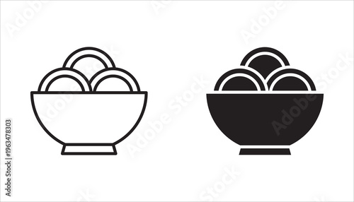 Black and white line art icon set depicting various foods, fast food, noodles, healthy options. Editable lines.