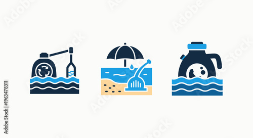 Water sanitation and environment icons featuring water treatment bottle beach umbrella and water purification vessel symbols for hygiene and ecology concepts