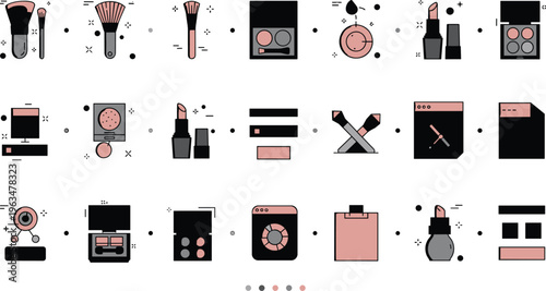 Makeup product collection icons set with brushes lipstick foundation eyeshadow perfume and cosmetic beauty essentials illustration