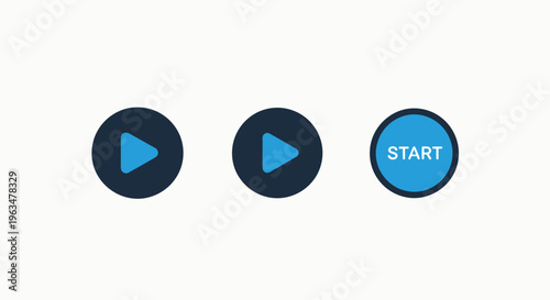 Digital interface play buttons and start button icons set in blue and black colors for media players web applications and game user interface design