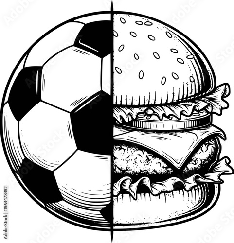 Half soccer ball half hamburger black and white football food