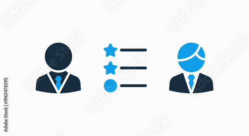 Employee performance review and talent rating icons including candidate avatar star rating checklist and user evaluation symbols for human resources and career growth