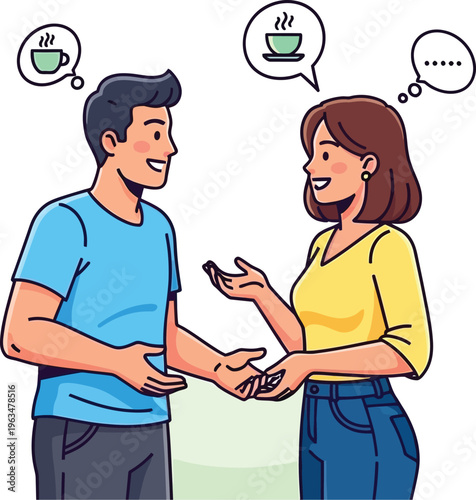 Man and woman discuss topics while thinking about hot beverages in.