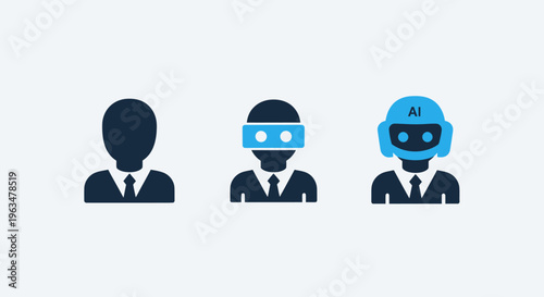 Evolution of human and artificial intelligence icons showcasing traditional professional virtual reality user and advanced AI robotic integration characters