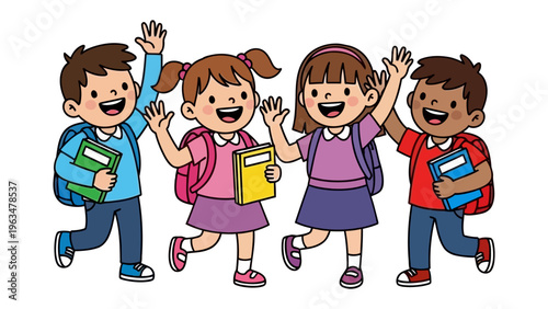 Cheerful School Days: A group of excited kids with backpacks happily waving and ready to begin a new school day,full of promise and new adventures.