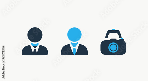 Digital user profile and photography equipment icon set featuring male business avatars and modern digital camera lens symbols for professional media social accounts and multimedia apps
