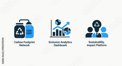Environmental sustainability and carbon footprint tracking icons featuring emission analytics dashboard, ecological impact platform, and green energy recycling solutions for corporate reports