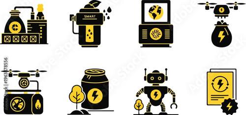 Sustainable green energy icons set, 8 eco technology vector elements, renewable power and smart factory symbols, industrial automation illustrations