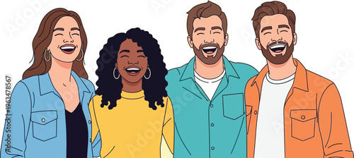 Four diverse young adults laugh together showing genuine happiness.