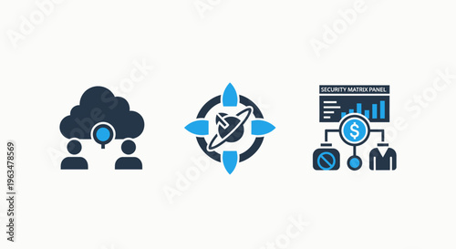 Business intelligence and financial analytics icons featuring cloud collaboration between users, global market target positioning, and monetary investment growth tracking for corporations