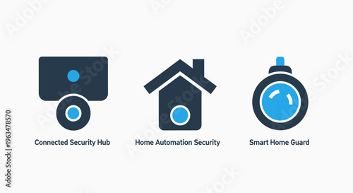 Smart home automation and security system icons featuring connected hub camera, residential safety monitoring house, and smart guard detection lens for modern property protection apps