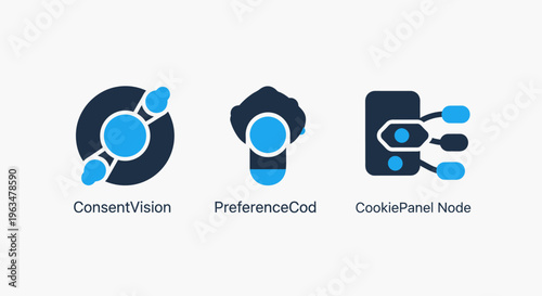 Technical dashboard icons featuring current vision and reference clock with control panel note graphic for software development interface and system monitoring application in flat blue style
