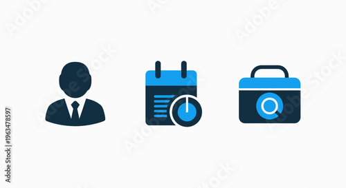 Business productivity icons representing human resource person and scheduled tasks with timer and professional tool kit for efficient work management and planning in corporate office environment