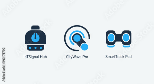 Internet of things icons for smart city connectivity featuring a signal hut, city wave transmission, and smart tracking pod for data monitoring and wireless communication infrastructure