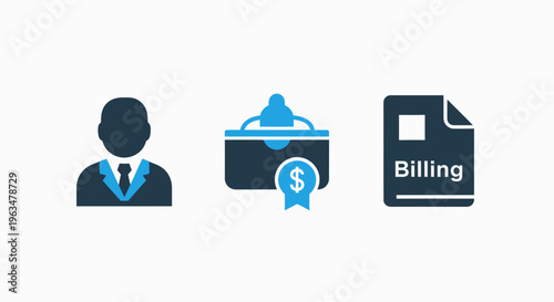 Financial management icons featuring a professional avatar, a digital wallet with a dollar symbol for payments, and a billing document for accounting and invoice processing for banking