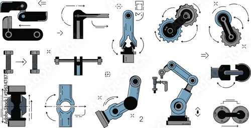 Robotic arm mechanism icons set with industrial automation joints mechanical movement engineering technology and machine control systems