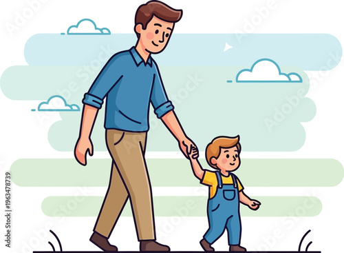 Father happily holds small child's hand while walking through a green open.