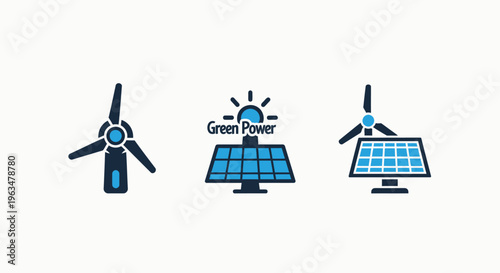 Green power and renewable energy infrastructure icons with wind turbines and solar panels for sustainable technology concepts and ecological environment conservation projects