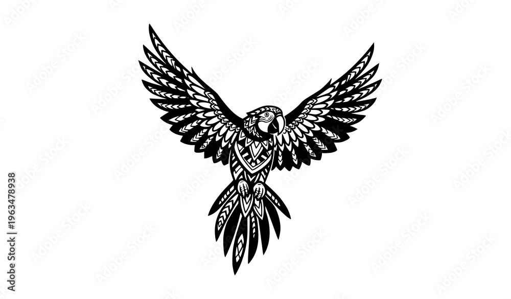 Fototapeta premium Black and white tribal parrot vector in flying pose with geometric ornamental patterns