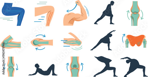 Joint mobility and exercise icons set with knee movement stretching fitness poses flexibility training and human body motion illustration
