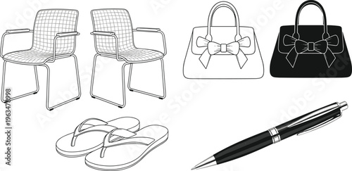 Furniture Fashion and Office Object Illustration Set Featuring Chairs Handbag Sandals and Pen in Outline and Solid Styles Vector Design Collection