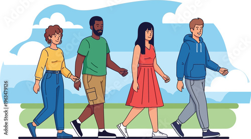 Diverse group of four young adults walking side by side across a path.