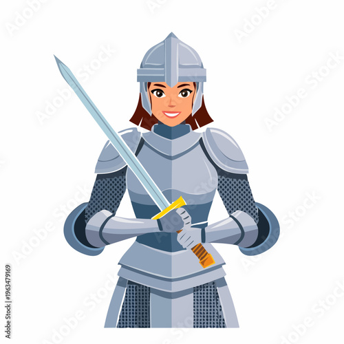 Chevalier en armure tenant une épée – illustration médiévale, femme