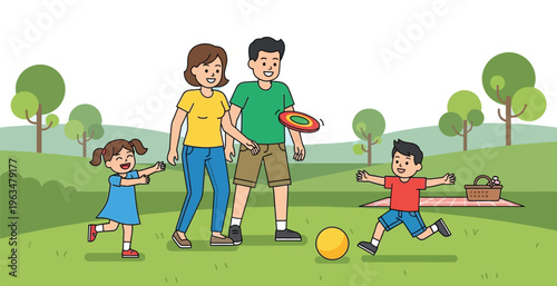 Family enjoys sunny outdoor recreation playing with a frisbee and ball.