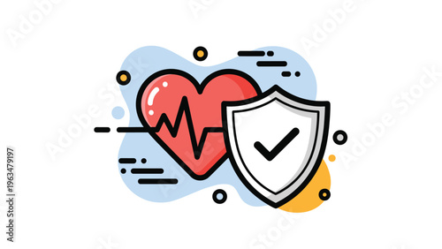 Healthcare protection and medical insurance concept showing a red heart with heartbeat line protected by a silver safety shield icon.