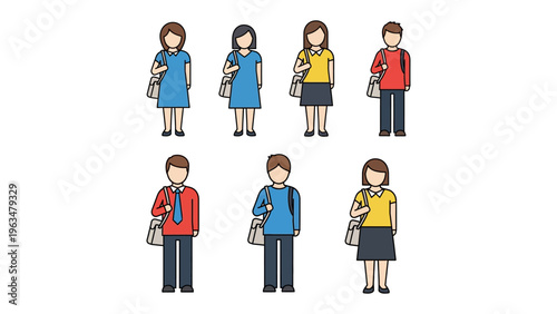 Students illustrations: A diverse group of students, each carrying their bags, embodies the energy and diversity of youth. The students stand poised, ready for the day ahead.