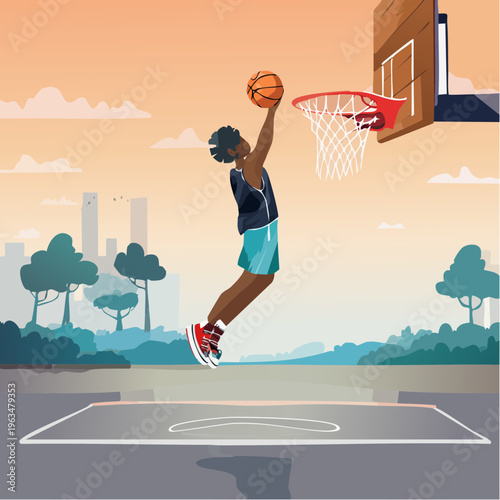 Joueur de basket réalisant un dunk – illustration sportive
