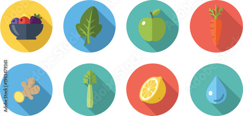 Flat design healthy food icons set, colorful fruit and vegetable vector illustrations, 8 round organic nutrition symbols for diet and wellness apps