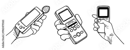 Hand-held DNA sequencer set with minimalist line art design featuring DNA, science, portable with hand-held and simple fluid strokes