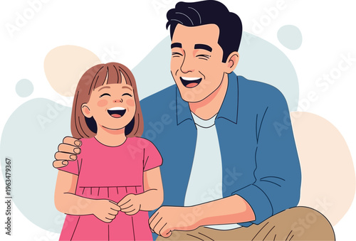 Joyful father embraces his laughing young daughter in a tender close-up.