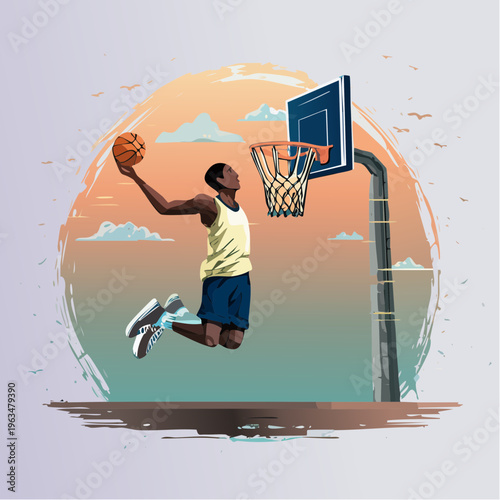 Dunk de basketball au coucher du soleil