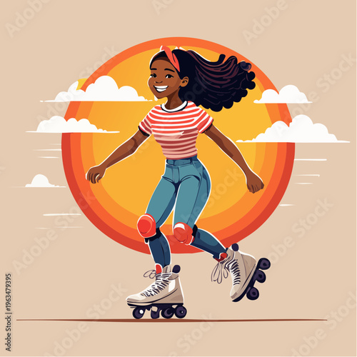 Patineuse en rollers au coucher de soleil – illustration dynamique sport extérieur, rétro
