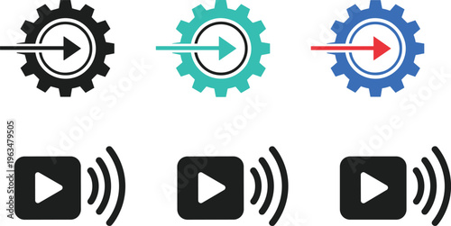 Gear Arrow and Media Play Sound Icon Set Featuring Process Direction Symbols and Audio Playback Controls for Technology Interface and Multimedia Design