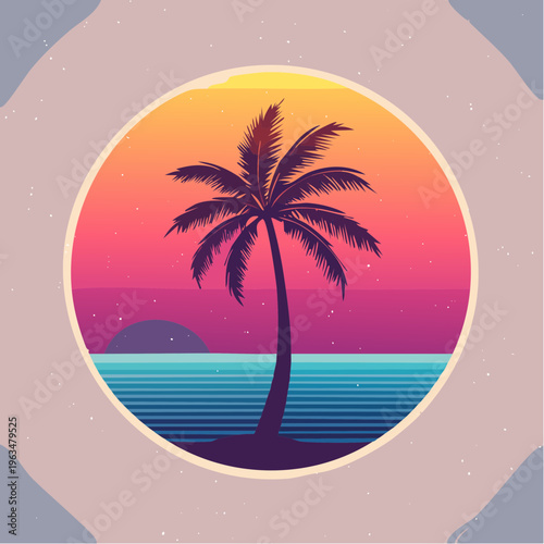 Coucher de soleil tropical rétro avec palmier